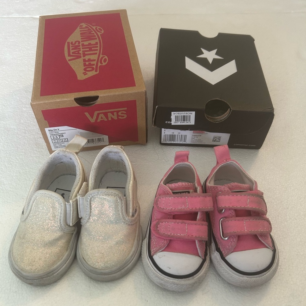 Converse and vans girls shoe bundle pink white glitter sneakers size 2 & 2.5